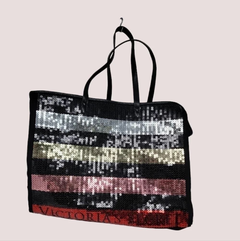 Victoria's Secret Sequined Spellout Logo Striped on Black Large Tote Bag T16
